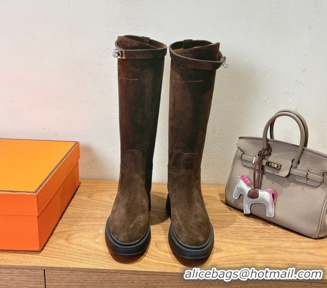 Best Grade Hermes High Platform Boots in Suede with Kelly Strap Dark Brown 2025 H102301 1023063