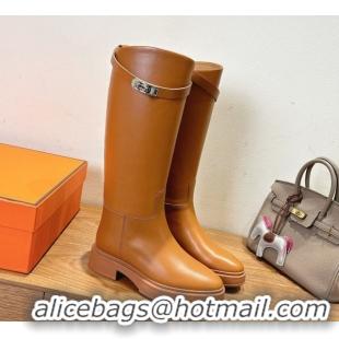 Top Grade Hermes High Platform Boots in Calfskin Leather with Kelly Strap Light Brown H102301 1023064