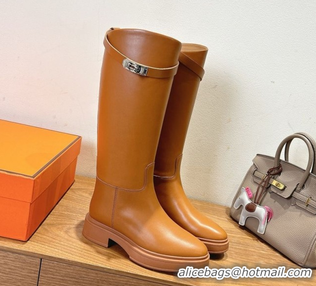 Top Grade Hermes High Platform Boots in Calfskin Leather with Kelly Strap Light Brown H102301 1023064