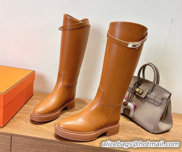 Top Grade Hermes High Platform Boots in Calfskin Leather with Kelly Strap Light Brown H102301 1023064