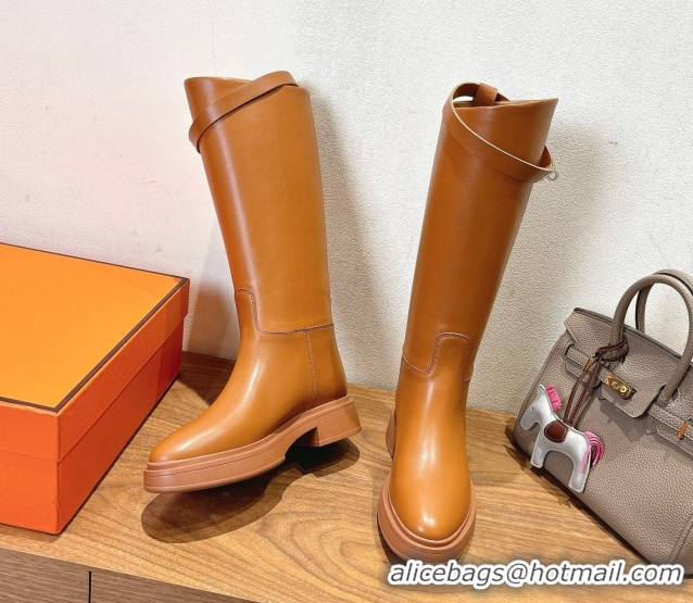 Top Grade Hermes High Platform Boots in Calfskin Leather with Kelly Strap Light Brown H102301 1023064