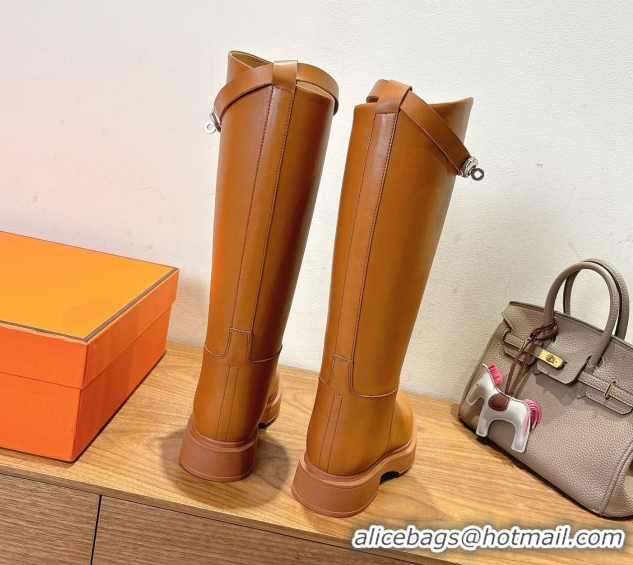Top Grade Hermes High Platform Boots in Calfskin Leather with Kelly Strap Light Brown H102301 1023064