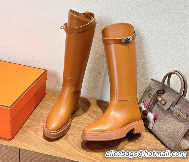 Top Grade Hermes High Platform Boots in Calfskin Leather with Kelly Strap Light Brown H102301 1023064