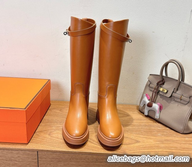 Top Grade Hermes High Platform Boots in Calfskin Leather with Kelly Strap Light Brown H102301 1023064