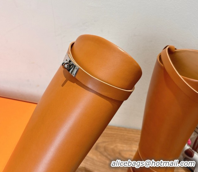 Top Grade Hermes High Platform Boots in Calfskin Leather with Kelly Strap Light Brown H102301 1023064