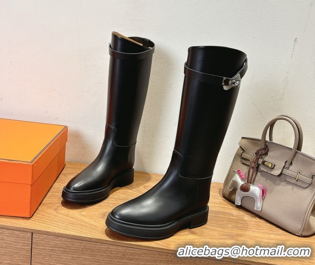 Grade Quality Hermes High Platform Boots in Calfskin Leather with Kelly Strap Black 2025 H102301 1023065
