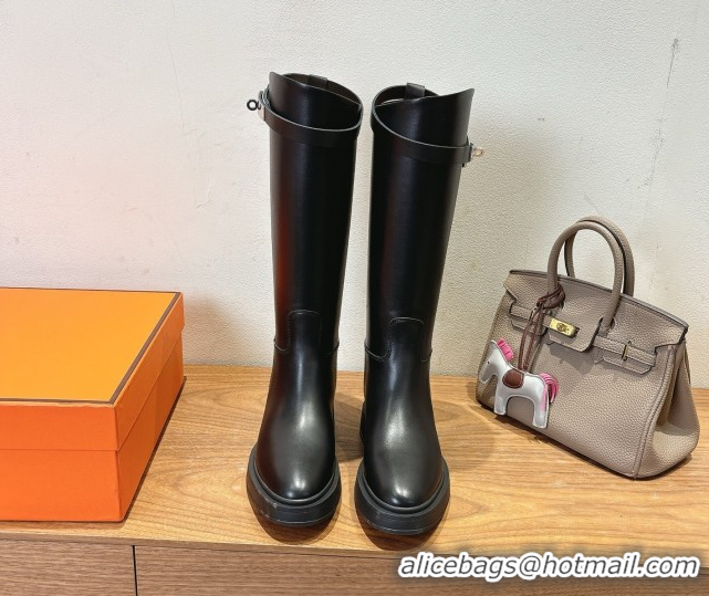 Grade Quality Hermes High Platform Boots in Calfskin Leather with Kelly Strap Black 2025 H102301 1023065