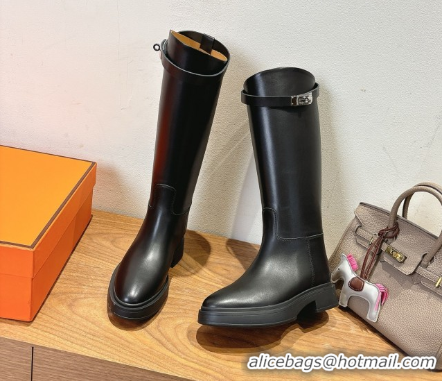 Grade Quality Hermes High Platform Boots in Calfskin Leather with Kelly Strap Black 2025 H102301 1023065