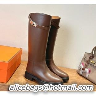 Fashion Luxury Hermes High Platform Boots in Calfskin Leather with Kelly Strap Dark Brown H102301 51023066