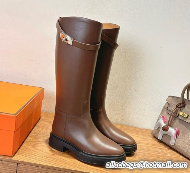 Fashion Luxury Hermes High Platform Boots in Calfskin Leather with Kelly Strap Dark Brown H102301 51023066