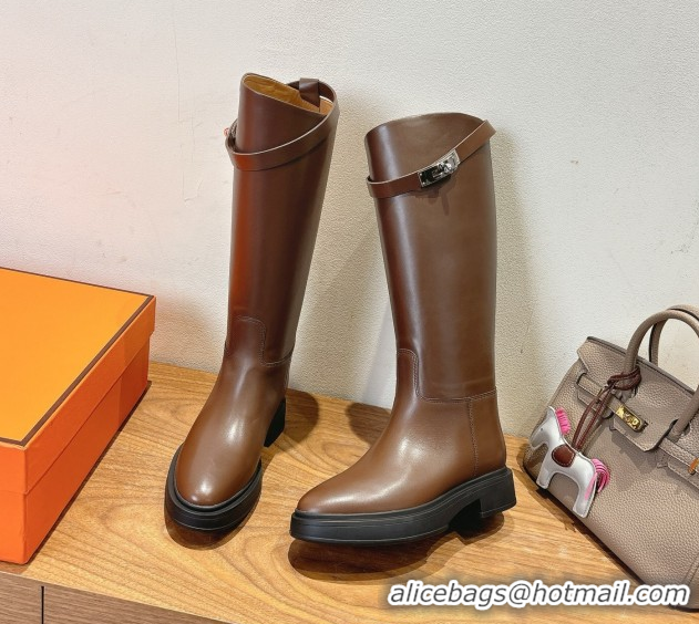Fashion Luxury Hermes High Platform Boots in Calfskin Leather with Kelly Strap Dark Brown H102301 51023066