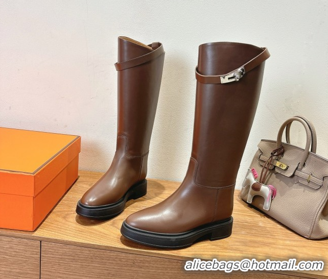 Fashion Luxury Hermes High Platform Boots in Calfskin Leather with Kelly Strap Dark Brown H102301 51023066