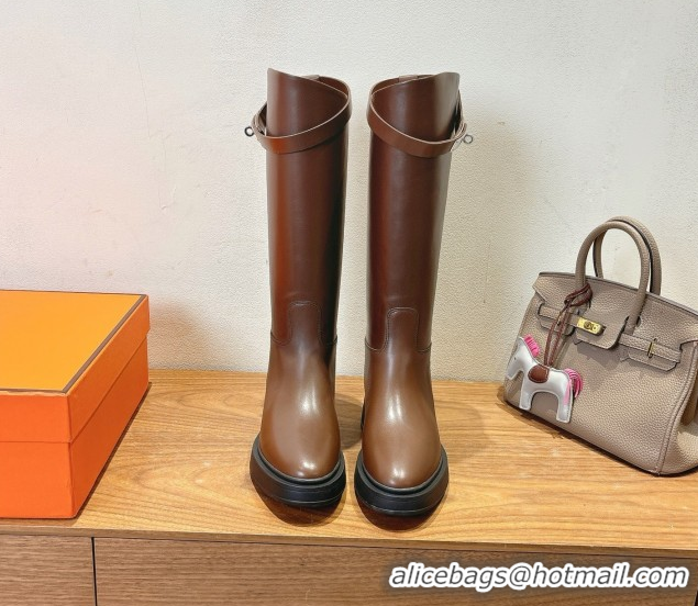 Fashion Luxury Hermes High Platform Boots in Calfskin Leather with Kelly Strap Dark Brown H102301 51023066