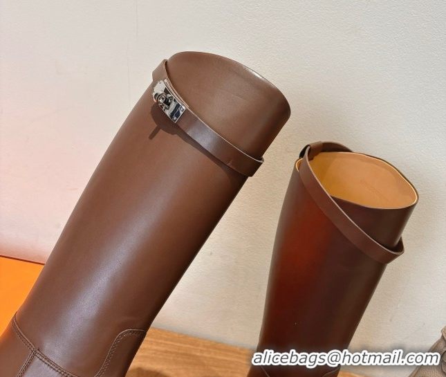 Fashion Luxury Hermes High Platform Boots in Calfskin Leather with Kelly Strap Dark Brown H102301 51023066