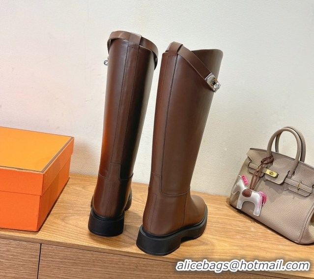 Fashion Luxury Hermes High Platform Boots in Calfskin Leather with Kelly Strap Dark Brown H102301 51023066