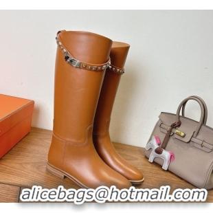 Fashion Hermes Jumping High Flat Boots in Calfskin Leather with Studded Kelly Buckle Strap Brown 1023067