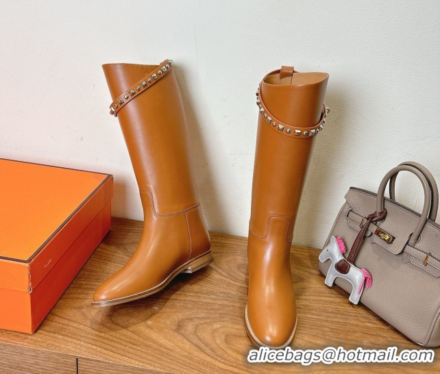 Fashion Hermes Jumping High Flat Boots in Calfskin Leather with Studded Kelly Buckle Strap Brown 1023067