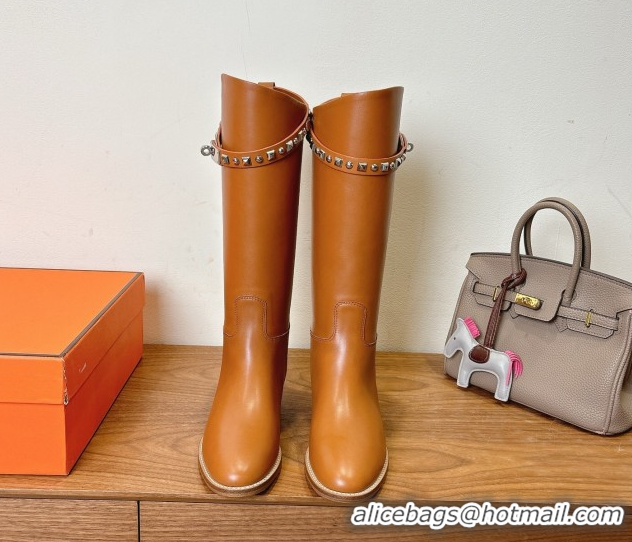 Fashion Hermes Jumping High Flat Boots in Calfskin Leather with Studded Kelly Buckle Strap Brown 1023067
