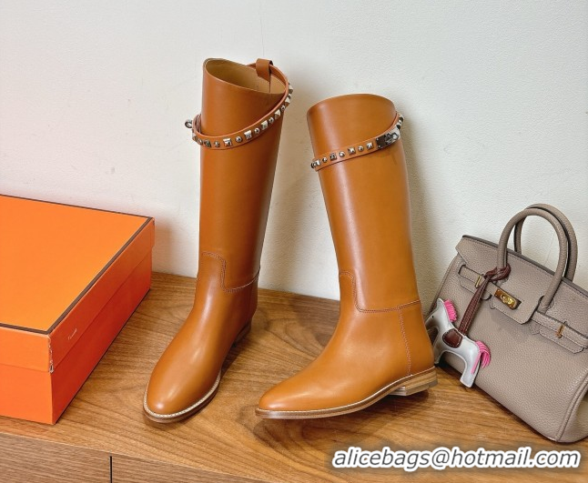 Fashion Hermes Jumping High Flat Boots in Calfskin Leather with Studded Kelly Buckle Strap Brown 1023067