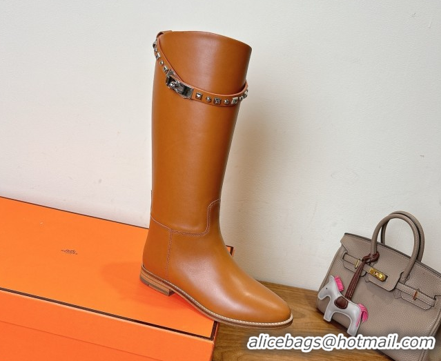 Fashion Hermes Jumping High Flat Boots in Calfskin Leather with Studded Kelly Buckle Strap Brown 1023067