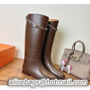 Luxurious Hermes Jumping High Flat Boots in Calfskin Leather with Studded Kelly Buckle Strap Dark Brown 1023068