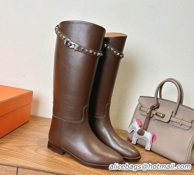 Luxurious Hermes Jumping High Flat Boots in Calfskin Leather with Studded Kelly Buckle Strap Dark Brown 1023068