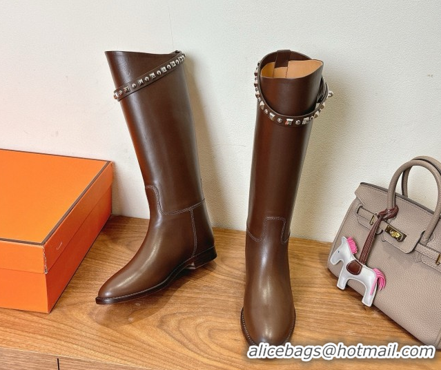 Luxurious Hermes Jumping High Flat Boots in Calfskin Leather with Studded Kelly Buckle Strap Dark Brown 1023068