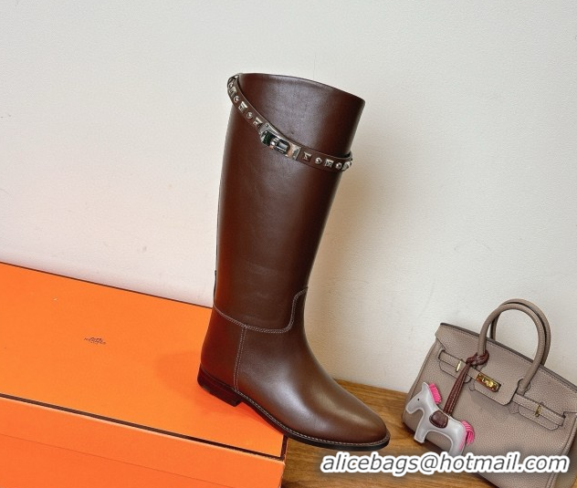 Luxurious Hermes Jumping High Flat Boots in Calfskin Leather with Studded Kelly Buckle Strap Dark Brown 1023068