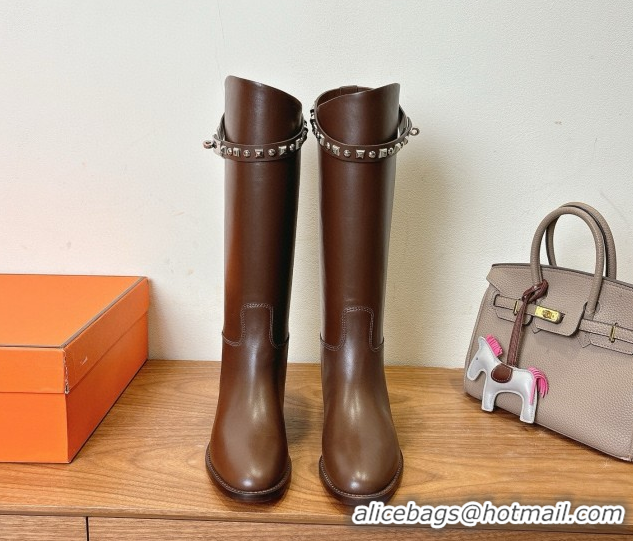 Luxurious Hermes Jumping High Flat Boots in Calfskin Leather with Studded Kelly Buckle Strap Dark Brown 1023068