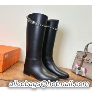 Buy Discount Hermes Jumping High Flat Boots in Calfskin Leather with Studded Kelly Buckle Strap Black 1023069
