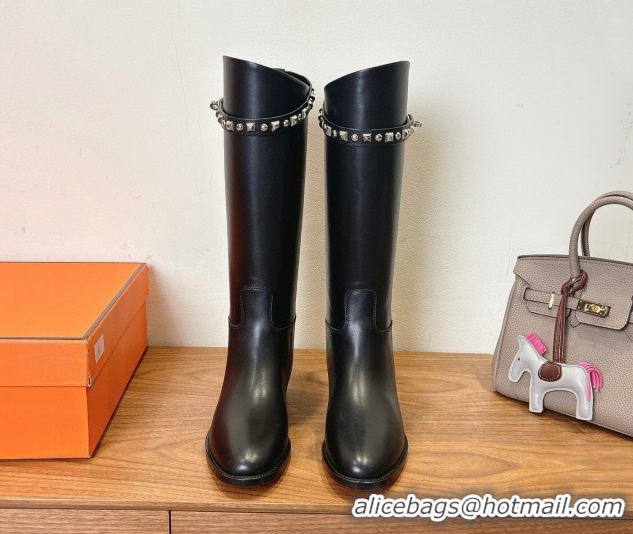 Buy Discount Hermes Jumping High Flat Boots in Calfskin Leather with Studded Kelly Buckle Strap Black 1023069