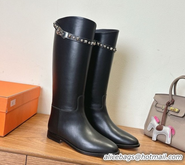 Buy Discount Hermes Jumping High Flat Boots in Calfskin Leather with Studded Kelly Buckle Strap Black 1023069