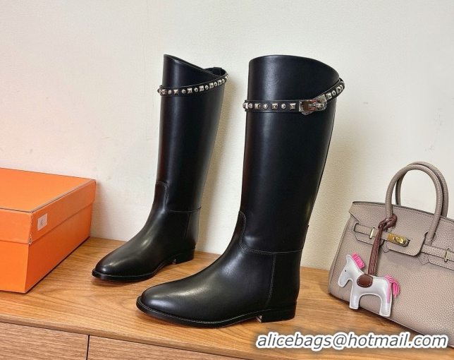 Buy Discount Hermes Jumping High Flat Boots in Calfskin Leather with Studded Kelly Buckle Strap Black 1023069