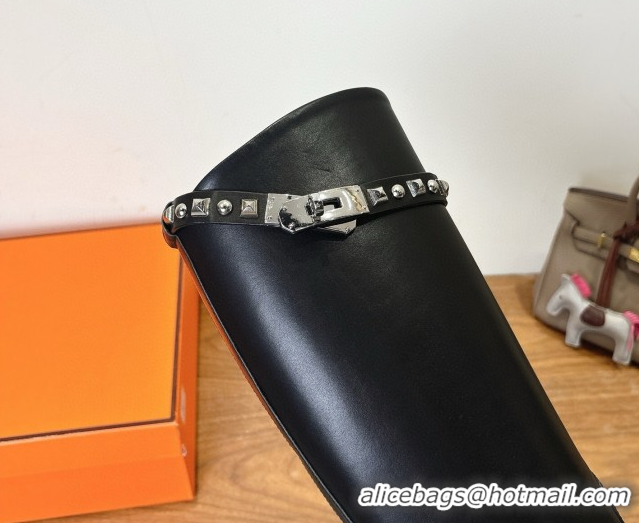 Buy Discount Hermes Jumping High Flat Boots in Calfskin Leather with Studded Kelly Buckle Strap Black 1023069