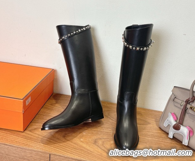 Buy Discount Hermes Jumping High Flat Boots in Calfskin Leather with Studded Kelly Buckle Strap Black 1023069
