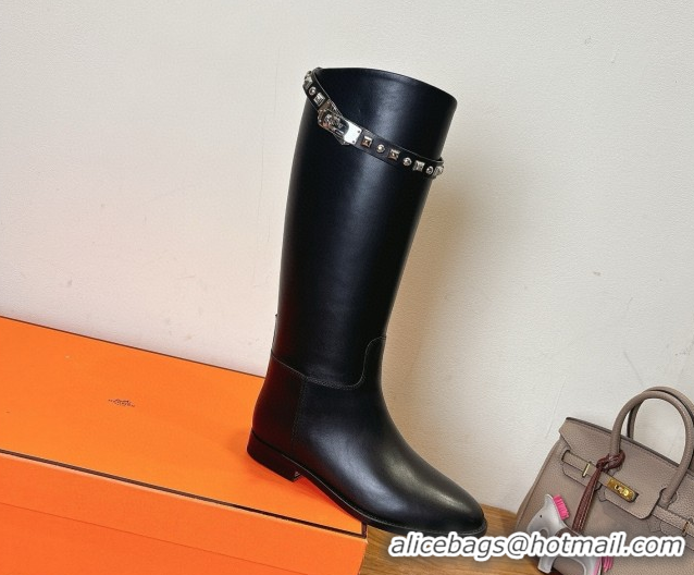 Buy Discount Hermes Jumping High Flat Boots in Calfskin Leather with Studded Kelly Buckle Strap Black 1023069