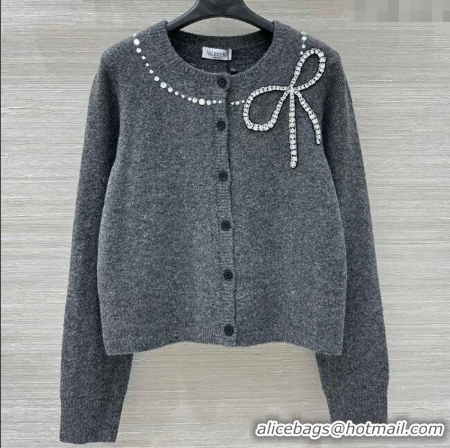Best Price Valentino Wool Cashmere Cardigan with Strass Bow VL120201 Grey 2025