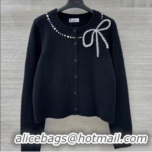 Luxury Cheap Valentino Wool Cashmere Cardigan with Strass Bow VL120201 Black 2025