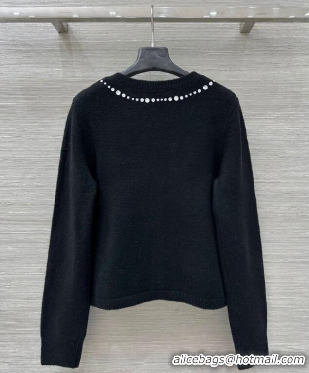Luxury Cheap Valentino Wool Cashmere Cardigan with Strass Bow VL120201 Black 2025
