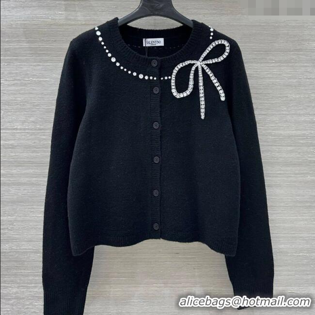 Luxury Cheap Valentino Wool Cashmere Cardigan with Strass Bow VL120201 Black 2025