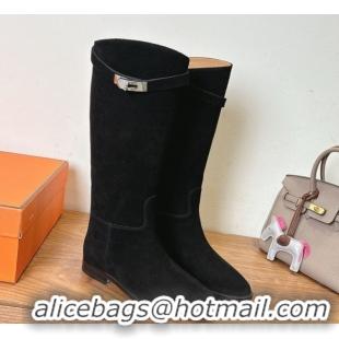 Best Product Hermes Jumping High Flat Boots in Suede with Kelly Buckle Strap Black H102302 1023070