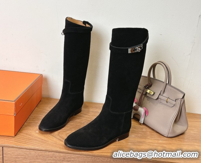 Best Product Hermes Jumping High Flat Boots in Suede with Kelly Buckle Strap Black H102302 1023070