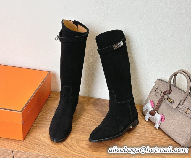 Best Product Hermes Jumping High Flat Boots in Suede with Kelly Buckle Strap Black H102302 1023070