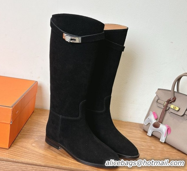 Best Product Hermes Jumping High Flat Boots in Suede with Kelly Buckle Strap Black H102302 1023070