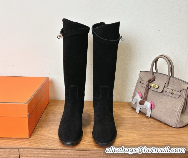 Best Product Hermes Jumping High Flat Boots in Suede with Kelly Buckle Strap Black H102302 1023070