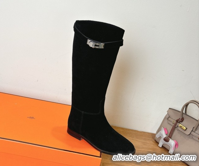 Best Product Hermes Jumping High Flat Boots in Suede with Kelly Buckle Strap Black H102302 1023070