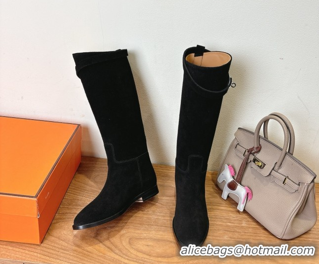 Best Product Hermes Jumping High Flat Boots in Suede with Kelly Buckle Strap Black H102302 1023070