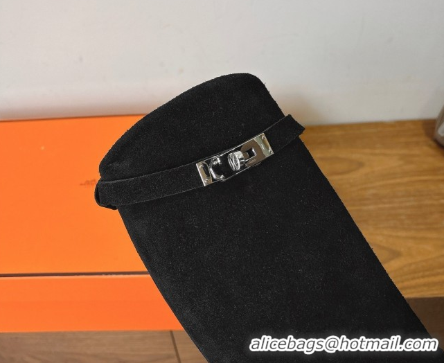 Best Product Hermes Jumping High Flat Boots in Suede with Kelly Buckle Strap Black H102302 1023070