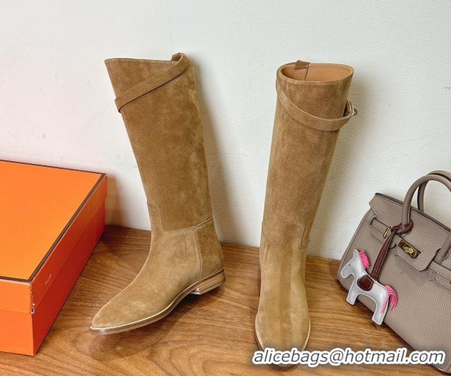 Popular Style Hermes Jumping High Flat Boots in Suede with Kelly Buckle Strap Brown2 H102302 1023071