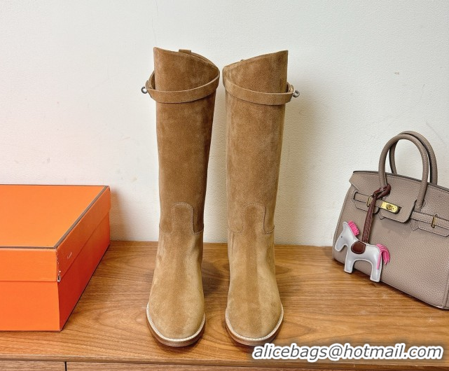 Popular Style Hermes Jumping High Flat Boots in Suede with Kelly Buckle Strap Brown2 H102302 1023071